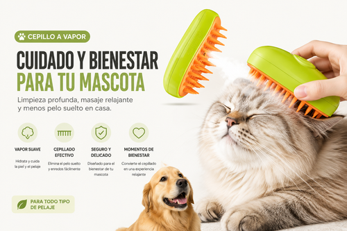 Cepillo Vaporizador para Mascotas 3 en 1 | Removedor de Pelo para Perros y Gatos con Masaje y Vapor