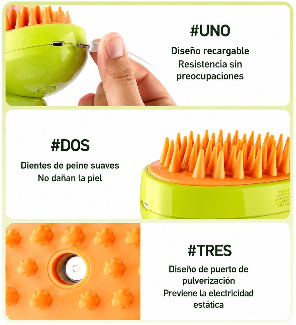 Cepillo Vaporizador para Mascotas 3 en 1 | Removedor de Pelo para Perros y Gatos con Masaje y Vapor
