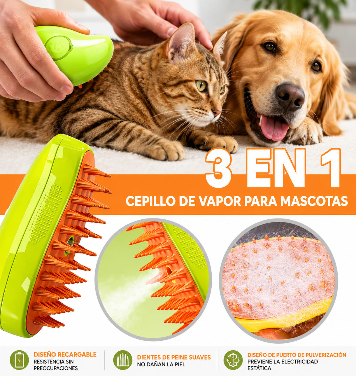 Cepillo Vaporizador para Mascotas 3 en 1 | Removedor de Pelo para Perros y Gatos con Masaje y Vapor
