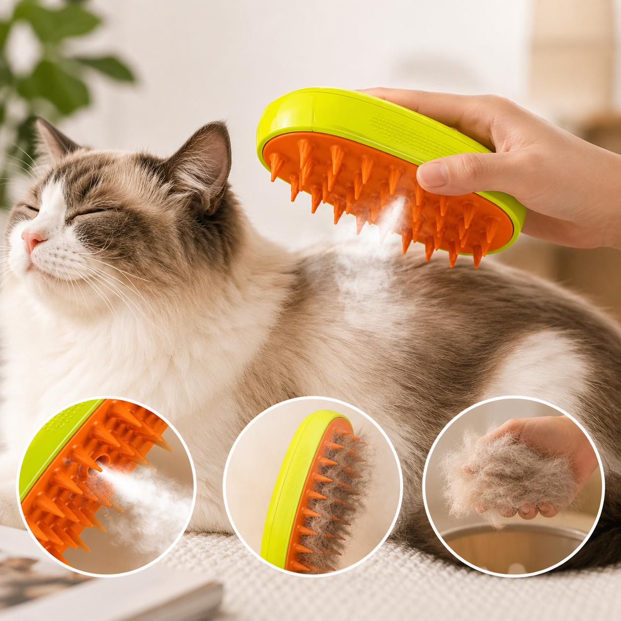 Cepillo Vaporizador para Mascotas 3 en 1 | Removedor de Pelo para Perros y Gatos con Masaje y Vapor
